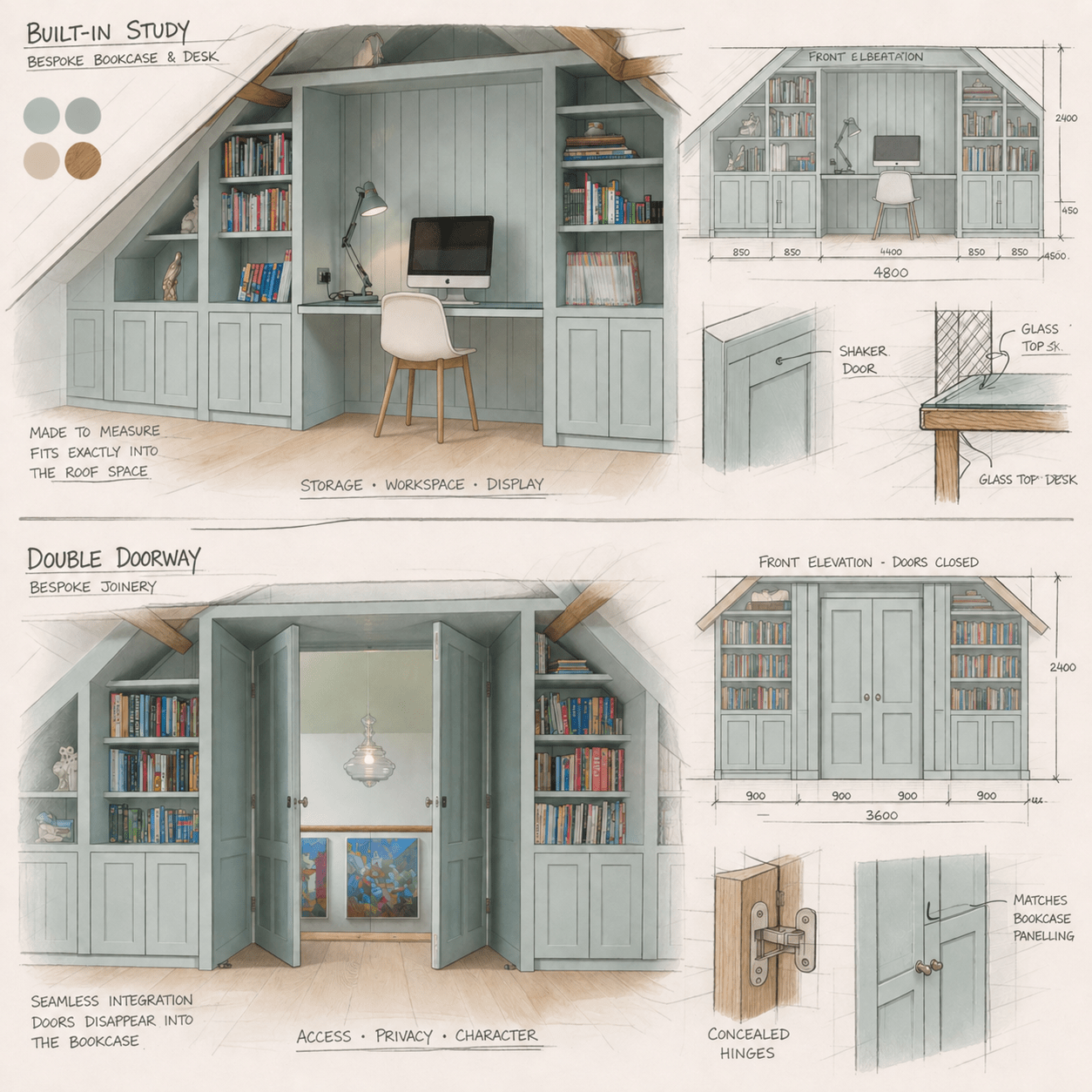 Illustrated design board showing bespoke built-in bookcase, desk and hidden doorway concept